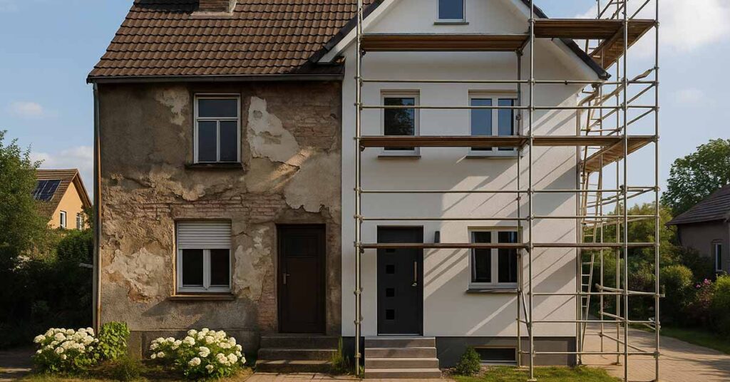 ein geteiltes Haus, halbsaniert und halb unsaniert