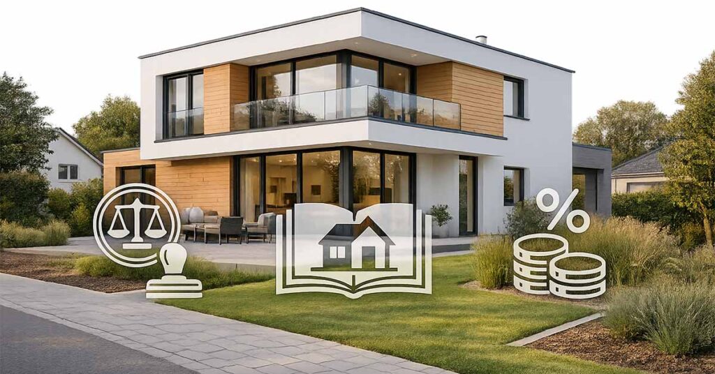 Modernes Einfamilienhaus in einer Wohnsiedlung, davor halbtransparente Icons für Notar und Recht, Grundbuch sowie Steuern und Gebühren – symbolische Darstellung der Kaufnebenkosten beim Immobilienkauf. | Immobilienkauf Nebenkosten