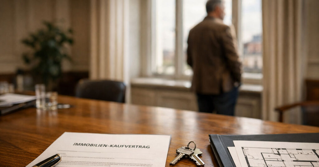 Realistische, hochwertige Fotografieszene in einem modernen Besprechungsraum kurz vor einem Notartermin. Im Vordergrund liegt ein Immobilien-Kaufvertrag ordentlich auf einem Holztisch, daneben ein Füller, ein Hausschlüssel und eine Mappe mit Grundrissplänen. Im Hintergrund steht ein eleganter Verkäufer in Business-Casual-Kleidung seitlich am großen Fenster, mit dem Rücken leicht zur Kamera, und blickt nachdenklich hinaus in die Stadt. Natürliches Tageslicht, ruhige, aber leicht angespannte Stimmung, professionelle Bildästhetik, warme Farbtöne, geringe Tiefenschärfe, Fokus auf den Tisch im Vordergrund. - Symbolbild für geplatzten Immobilienverkauf | Immobilienverkauf