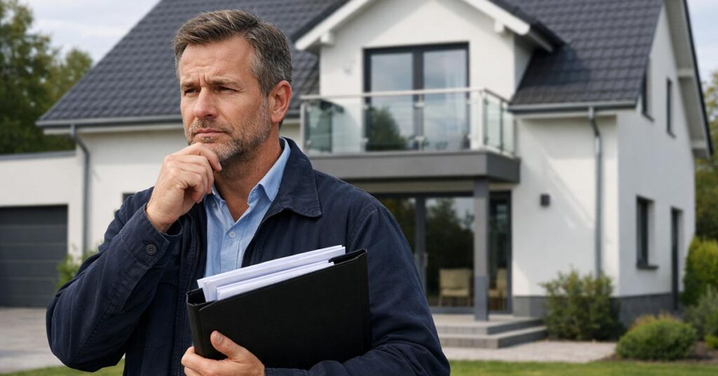 Ein Immobilienerbe steht vor der Immobilie, die er geerbt hat, unter dem linken Arm hält er die Hypothekenunterlagen, er überlegt, was jetzt die beste Lösung für sein Immobilienerbe ist | Erbimmobilie