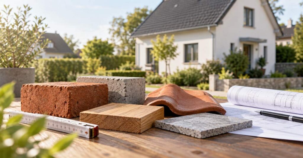 Baumaterialien, Bauplan, Zollstock und Stift liegen auf einem Tisch vor einem Einfamilienhaus und veranschaulichen das Sachwertverfahren zur Immobilienbewertung.